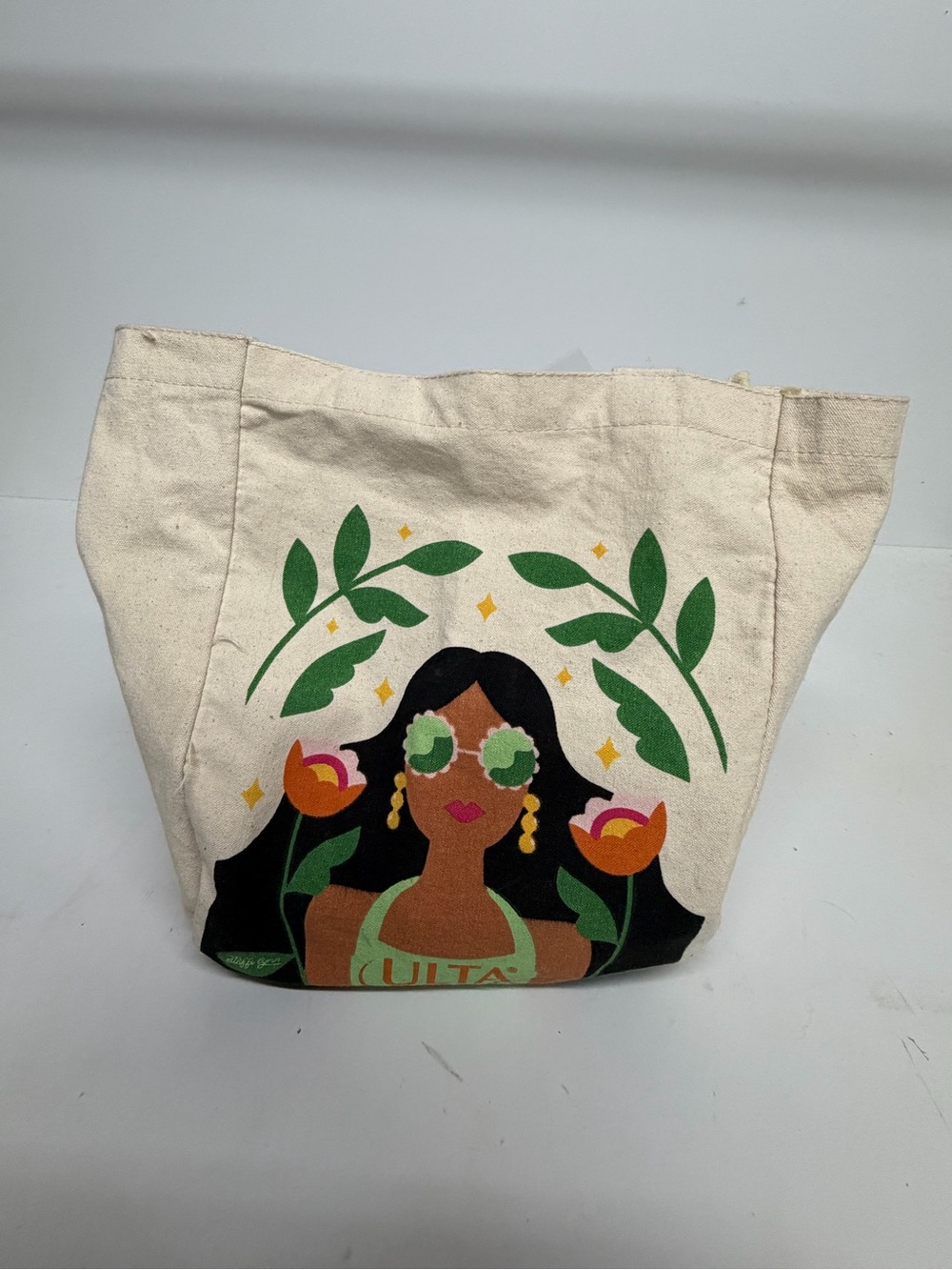 Ulta Beauty Canvas Tote Bag in Natural with Green and Black Illustration